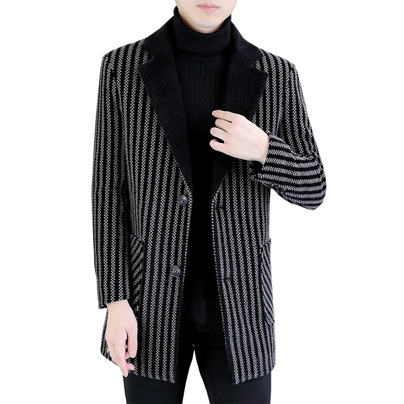 Classic Winter Men's Mid-Long Warm White Duck Down Woolen Coat Business Casual Striped Thicken Overcoat Outwear Windbreak Jacket