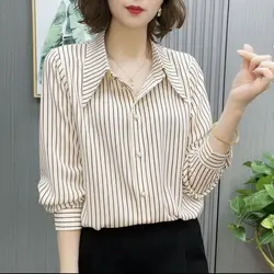 New Fashion Stripe Women's Shirt Long Sleeve Shirt Versatile Slim Spring/Summer Shirt Korean Version Long Sleeve Female Tops