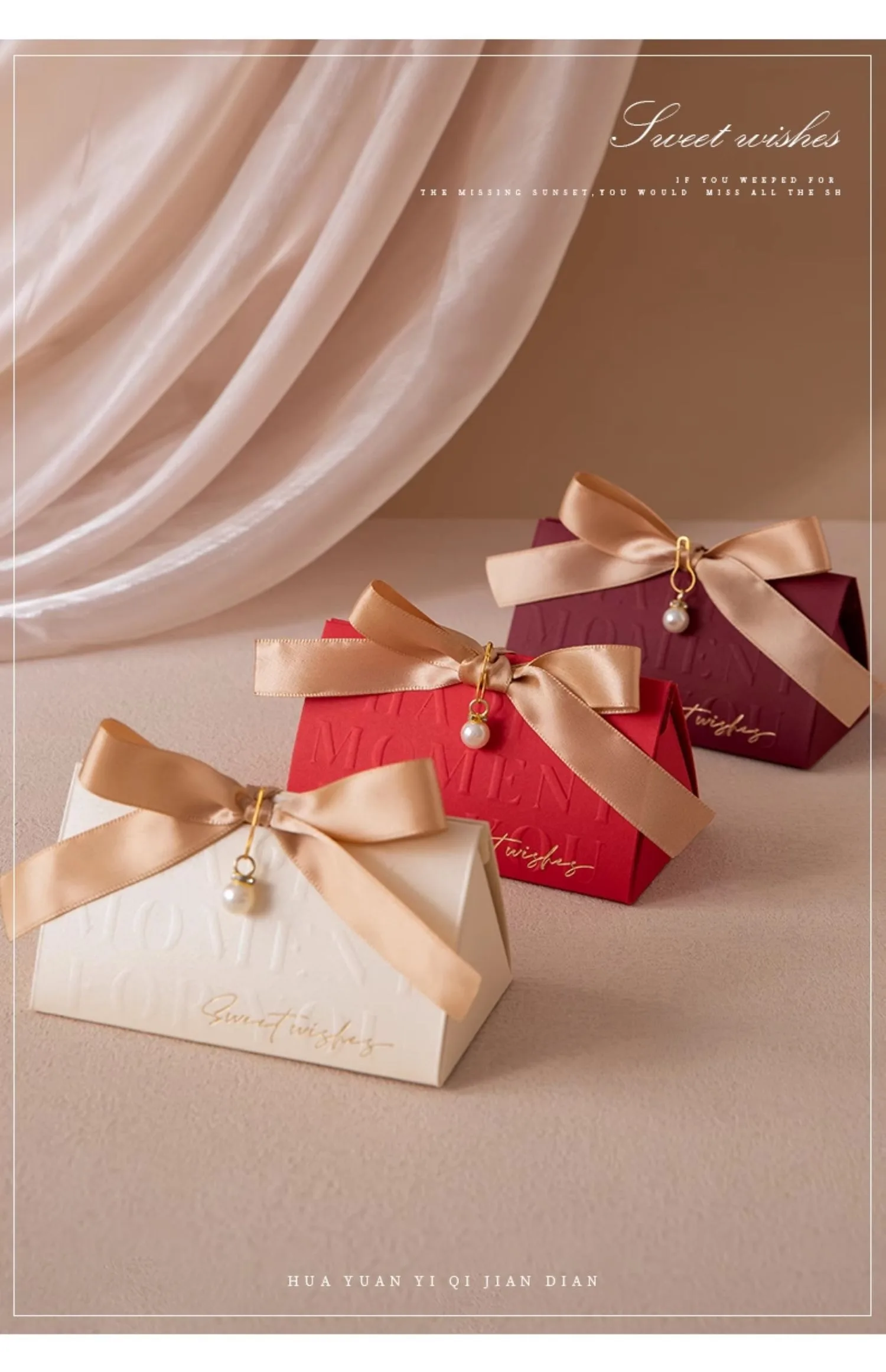 Triangular Champagne Wedding Gift Boxes – Candy Packaging Favor Boxes with Ribbon for B... - SKU WGB17073 - UGI Packaging
