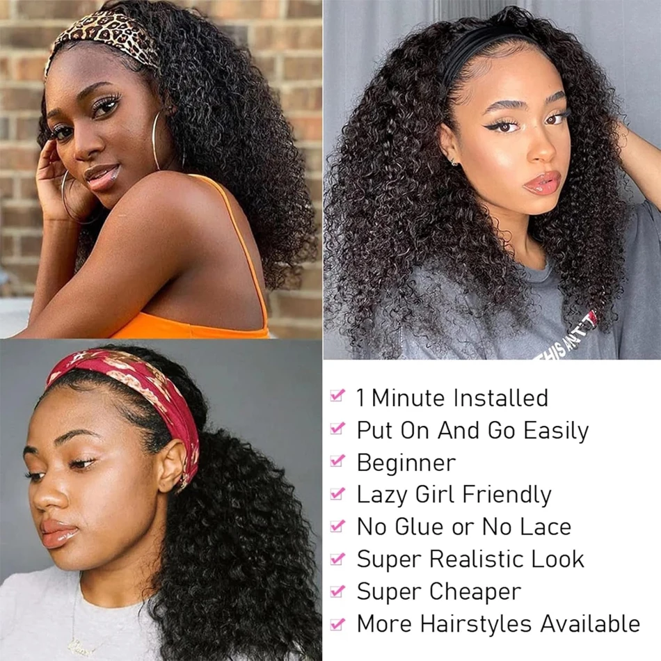 Parrucca con fascia per capelli umani ricci crespi senza colla piena fatta a macchina capelli Isee parrucche brasiliane per capelli umani Remy per donne densità 250% - immagine 3