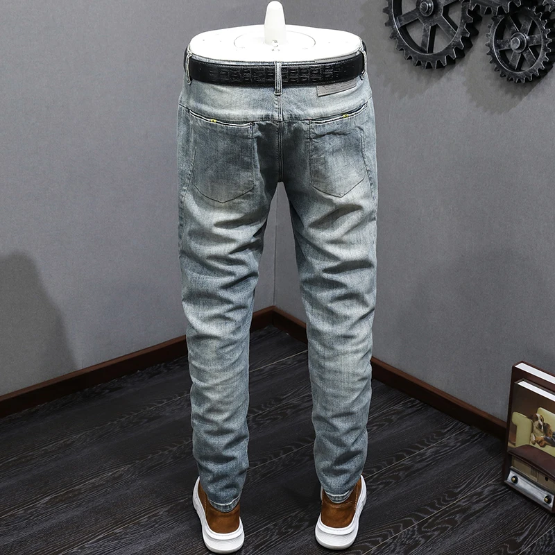 Street Fashion Men Jeans Retro Washed Blue Elastic Stretch Slim Fit Vintage Jeans Men Spliced Designer Casual Denim Pants Hombre