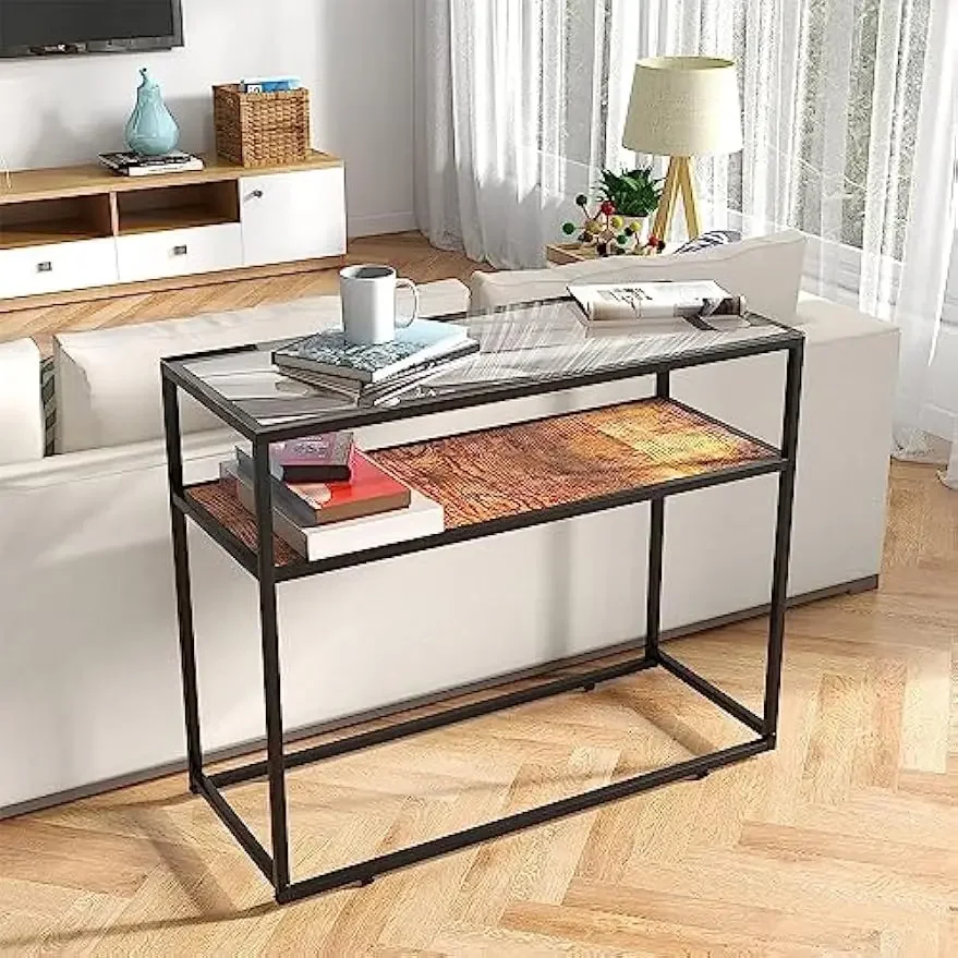 Console Table, Sofa Desk with Steel Frame and Glass Top, Easy Assembly, Ideal for Entryway, Hallway,2 Tempered Large Shelves