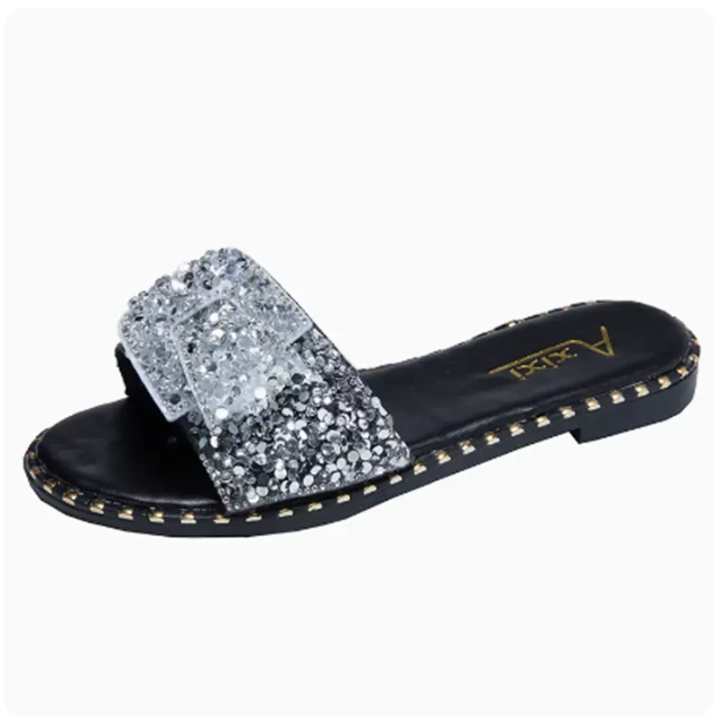 Lady Bow High Quality Bling Shoes Casual Summer Open Toe Women Slides Sequined Cloth Flat Slippers Black Grey Plus Sizes 43 -35