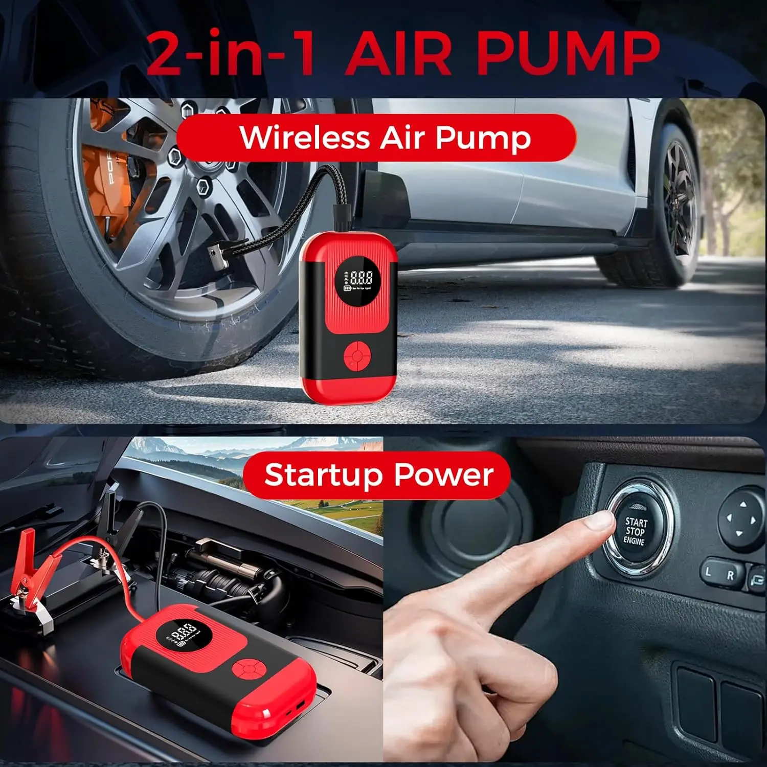 Portable Air Compressor & Jump Starter, Cordless Pump with LED Light for Cars, Bikes, Balls