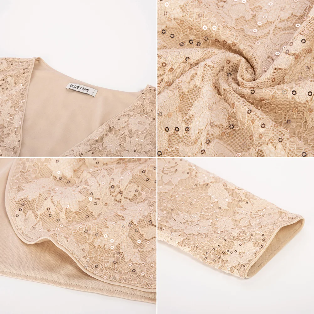 GRACE KARIN-Bolero con lentejuelas para mujer, Chaqueta corta de manga 3/4 con frente abierto, encogimiento de hombros para vestido, elegante, de encaje, brillante, para fiesta, A3 - Image 3