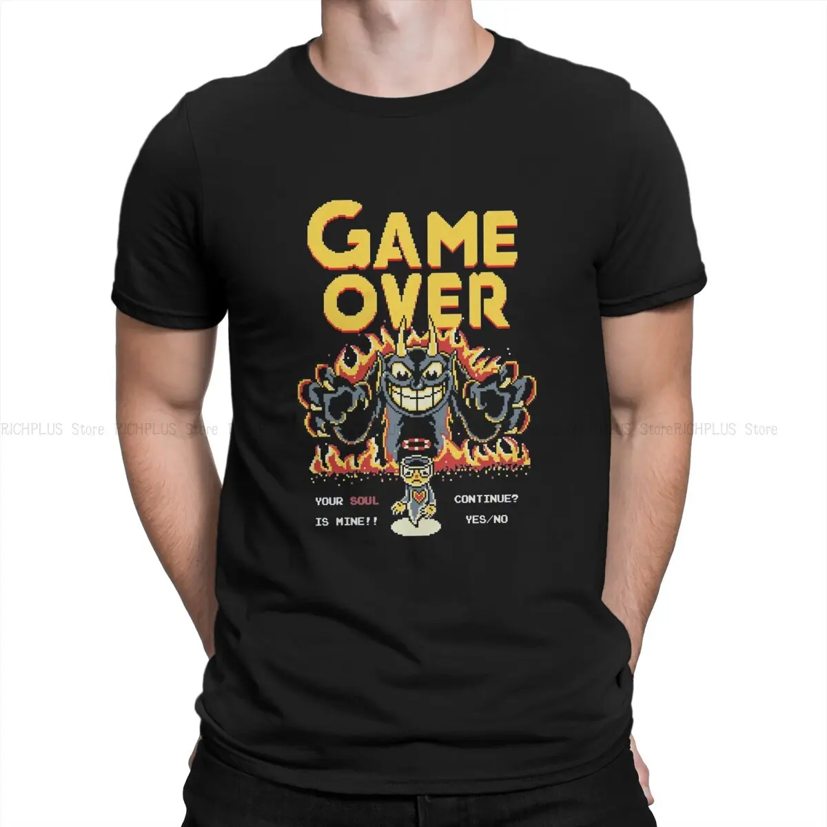

Cuphead Mugman Game Newest TShirt for Men Game Over Pixel Art Round Neck T Shirt Distinctive Gift Clothes Streetwear