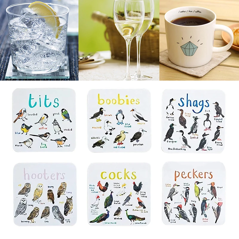 Set of 6 Bird Pun Coasters,Square Drinks Coaster, Thicken Funny Bird