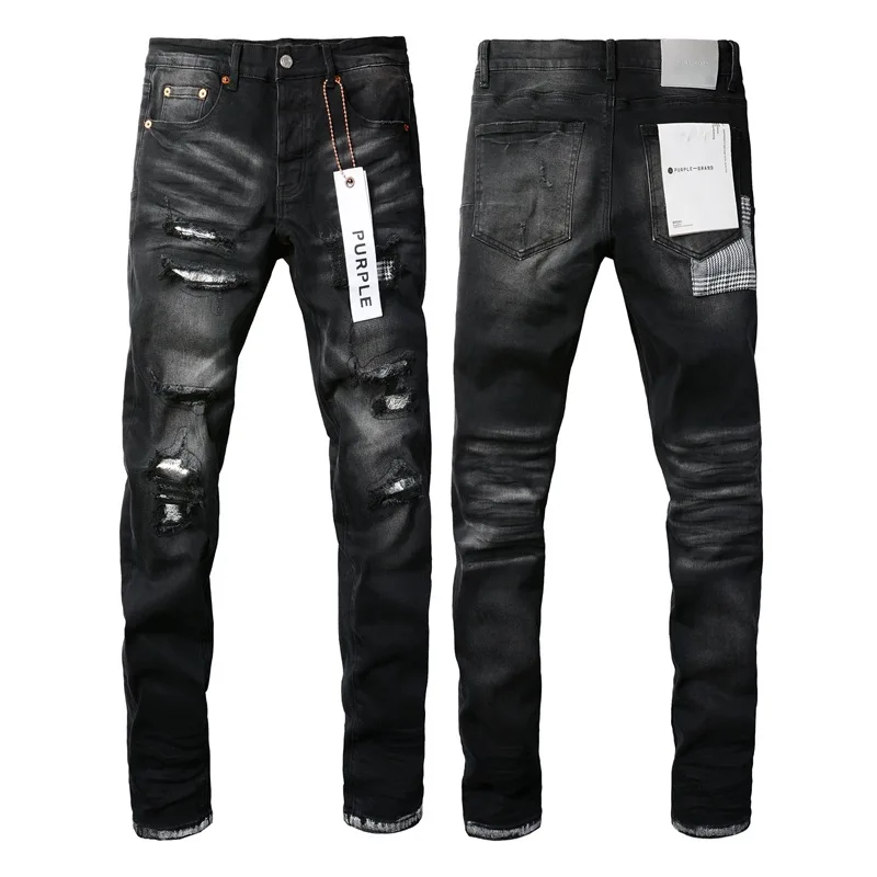 

Purple Jeans Brand Black Denim Pants Men's Slim Fit Distressed Skinny Stretch Washed Destroyed Hole Ripped Jeans Streetwear