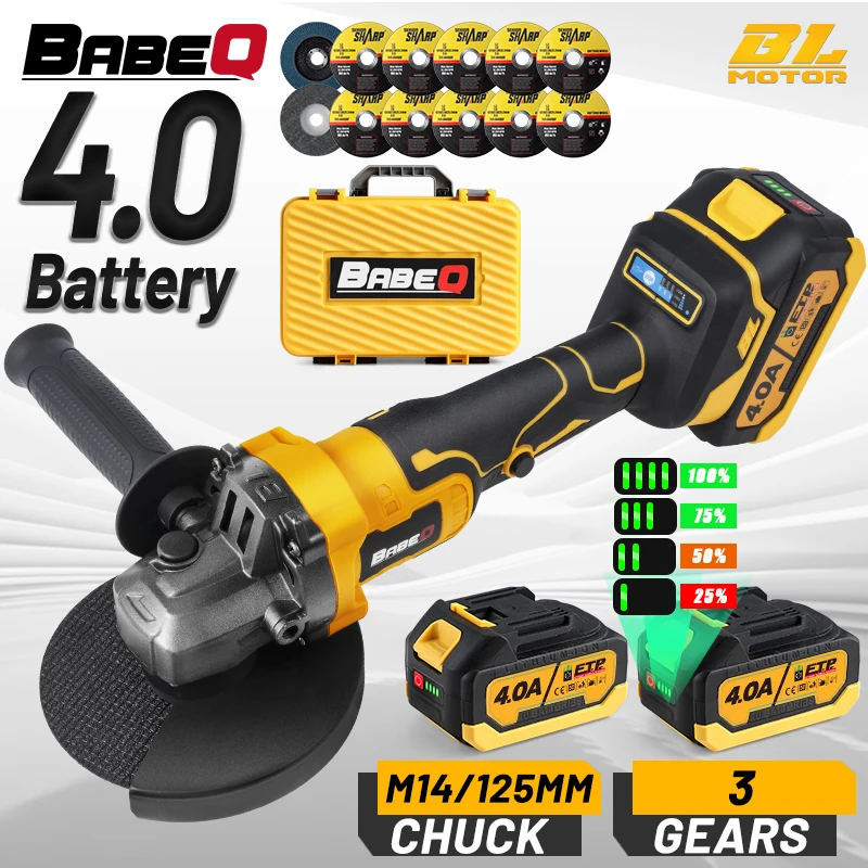 BABAQ M14 Brushless Angle Grinder Rechargeable 4.0A Battery Cordless Electric Grinding Machine for Wood Polishing Power Tools electric grinding machine