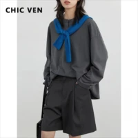 CHIC VEN Women Sweatshirts Casual Loose Solid Half Open Collar Long Sleeved T-shirt Elastic Female Tees Autumn Winter 2025 2