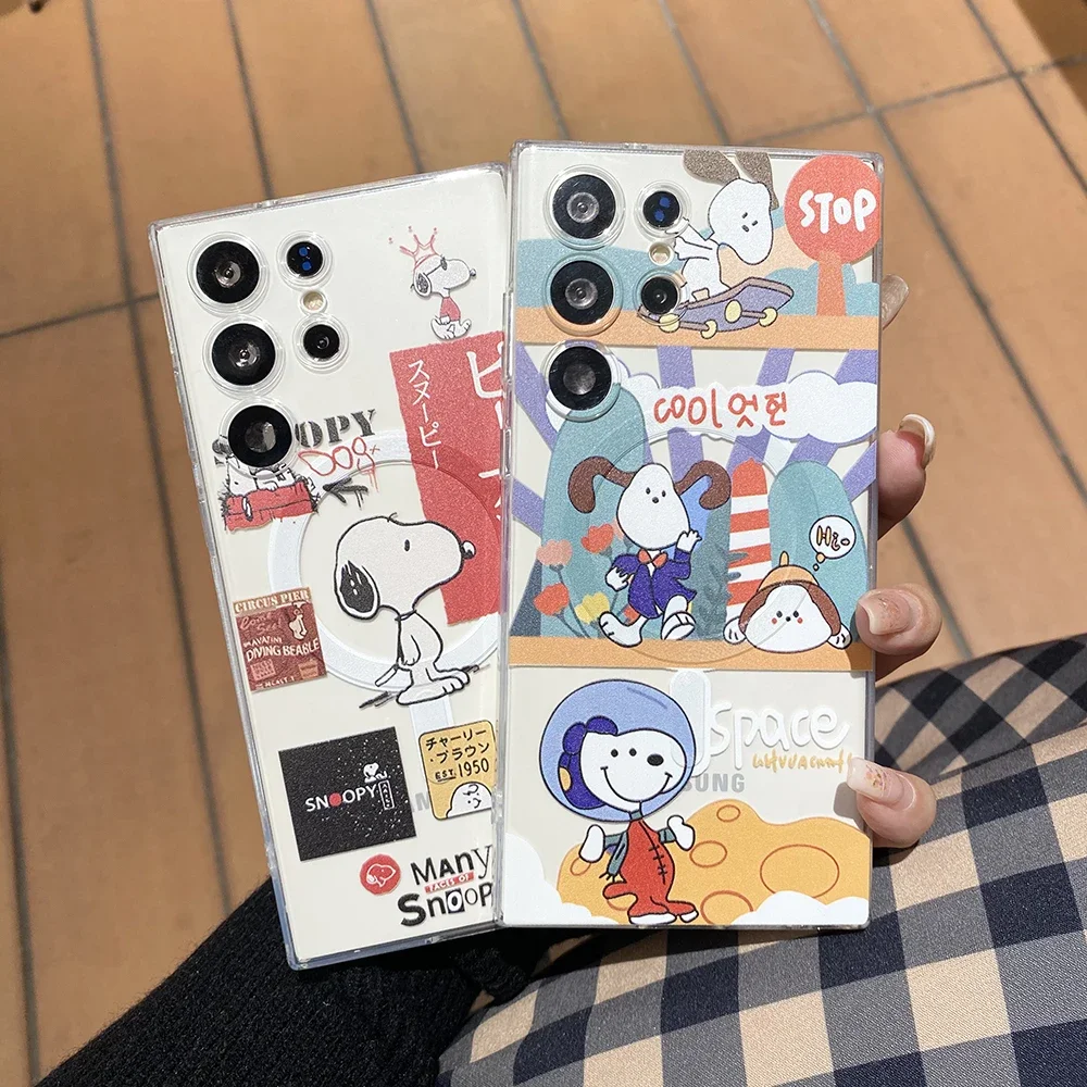 Nowa Anime Cartoon Snoopies Dla Magnetyczny Uchwyt Magnetyczny Etui Na Telefon Samsung Galaxy S21 S22 S24 Fe Plus Ultra A53 Pokrowiec 5G