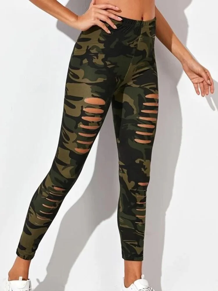 

Cutout Ripped Graffiti Style Camouflage Printed Leggings Summer Slim Stretch Trousers Army Green Leggins Sexy Pants