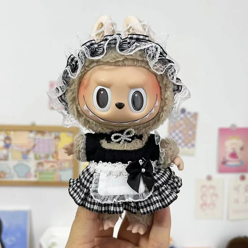 1pc 17cm Labubu Clothes Cute Mini Plush Doll's Outfit Accessories Overalls Dress Hairpin for Labubu Dolls Fans Children Gift 3
