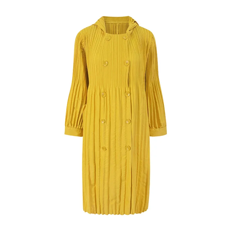 Miyake Pleats Pleated Hooded Windbreaker Jacket Fall 2023 Winter New Korean Fashion Double Breasted Loose Women Long Trench Coat