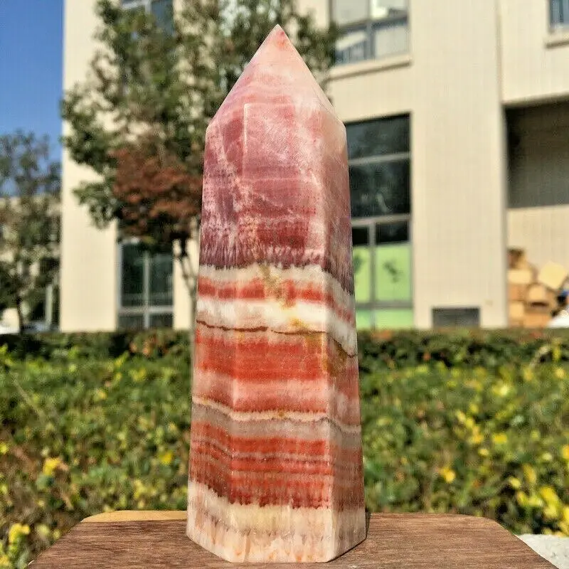 

Natural Rhodochroite pillar crystal tower raw stone block hole office degaussing ornaments