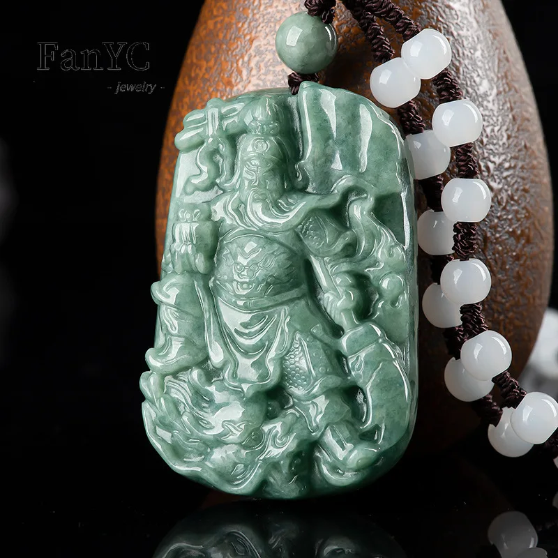 

Myanmar Jadeite Bean Seed Guan Gong Necklace Hand-carved Charm Luxury Jade Pendant Men and Women Mascots Holiday Gift