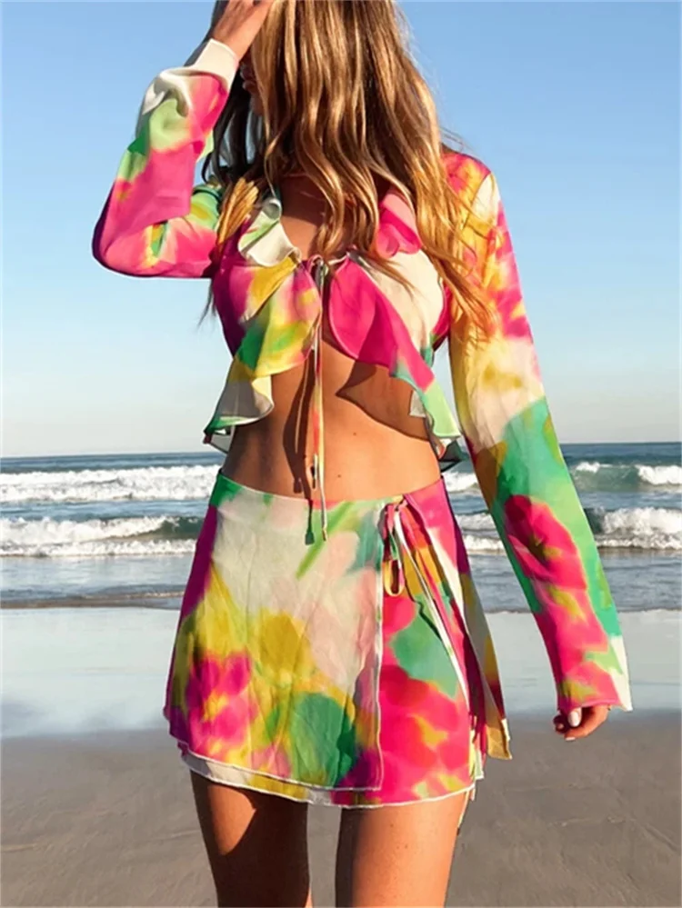 

Комплект из двух предметов с принтом Tie-Dye, пикантный топ с длинными расклешенными рукавами, со шнуровкой спереди и оборками, летний комплект одежды y2k