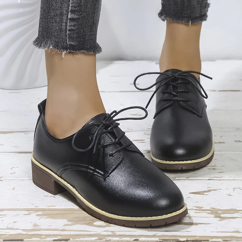 

Spring\winter British Style Split Leather Women Square Heel Flat Platform Shoes Woman Lace-up Oxford Shoes for Women 2023