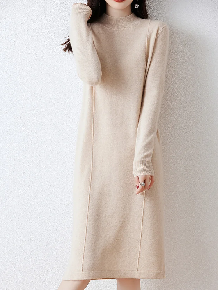Women's Cashmere Sweater Dress, 100 Pure Wool, Long, Semi-Turtle Neck, Skirt, Loose, Autumn, Winter 3