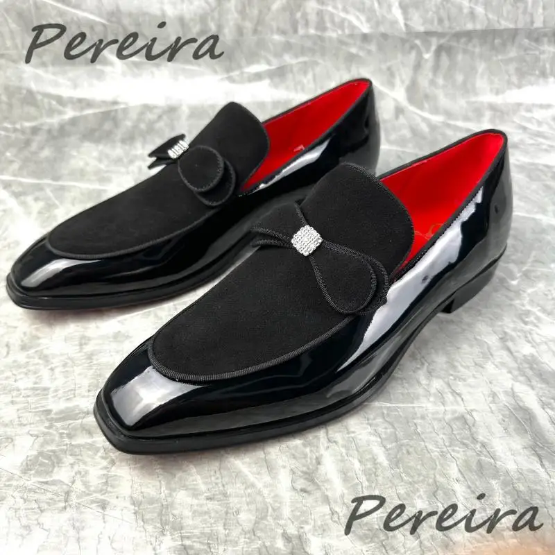Bowknot Rhinestone Men Patent Leather Shoes British Style Black Luxury Formal Loafers High Quality Party Wedding Dress Shoes