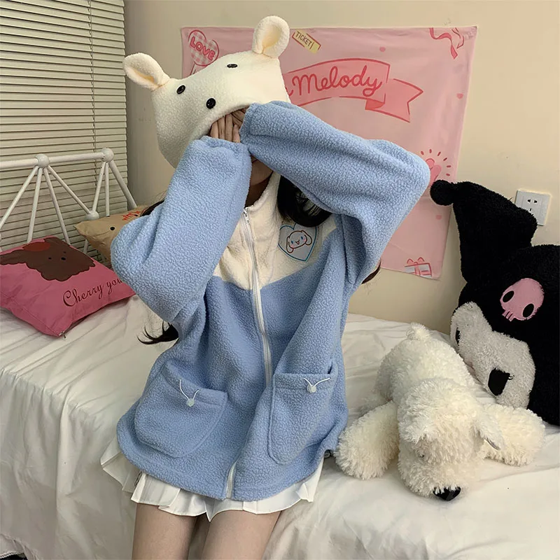 

Cartoon Sanrios Cinnamoroll Kawaii Casual Loose Girl Plush Coat Warm In Autumn and Winter Anime Cute Sweet Versatile Hoodie Gift