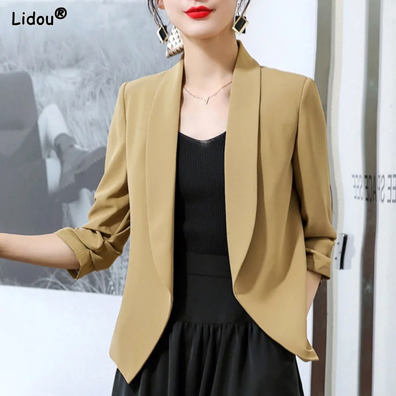 Skinny Solid Blazers Temperament Women's Clothing 2022 Pleated Spring Summer Thin Casual Office Lady Formal Simplicity Capable