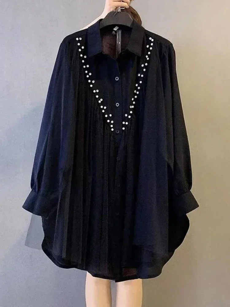 2024 New Women High Quality Mesh Studded Beads Turn Down Collar Dress 2024 Summer New Women's White Temperament Shirt Dresses