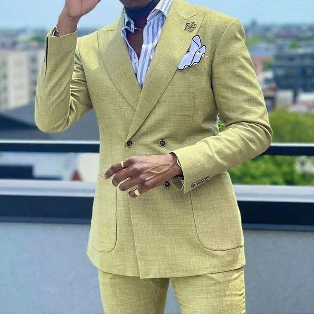 

Костюм мужской льняной с пиковым отворотом, двубортный желтый приталенный Повседневный пляжный свадебный смокинг, костюм из 2 предметов, лето 2023
