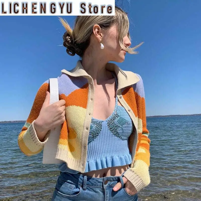 

2023 Vintage Cardigans Knitted Sweater Autumn Spring French Style Sunshine Print Short Chic Lady Ins Fashion Coat Loose Femme