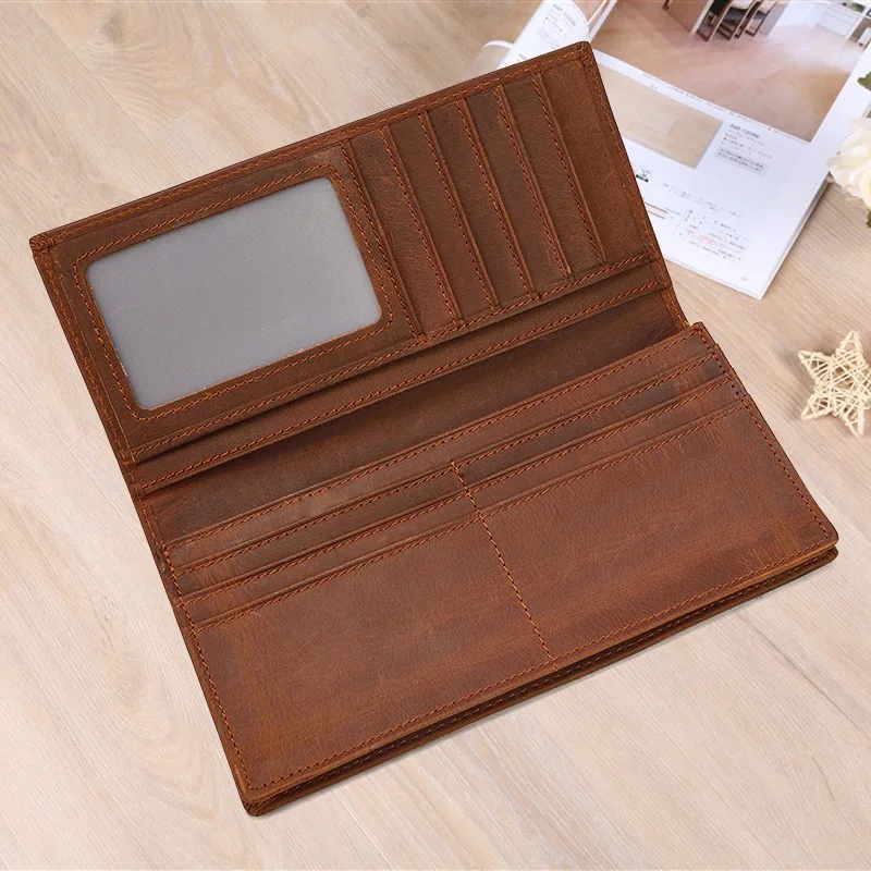 Fashionable Crazy Horse Leather Men's Long Wallet with Multifunctional Card Slots and Zipper Pocket