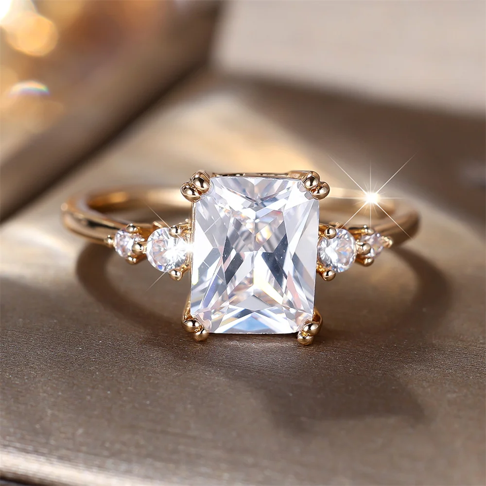 Minimalist White Zircon Rectangle Stone Rings For Women Fashion Gold Color Engagement Bands Wedding Jewelry Bridal Birthday Gift