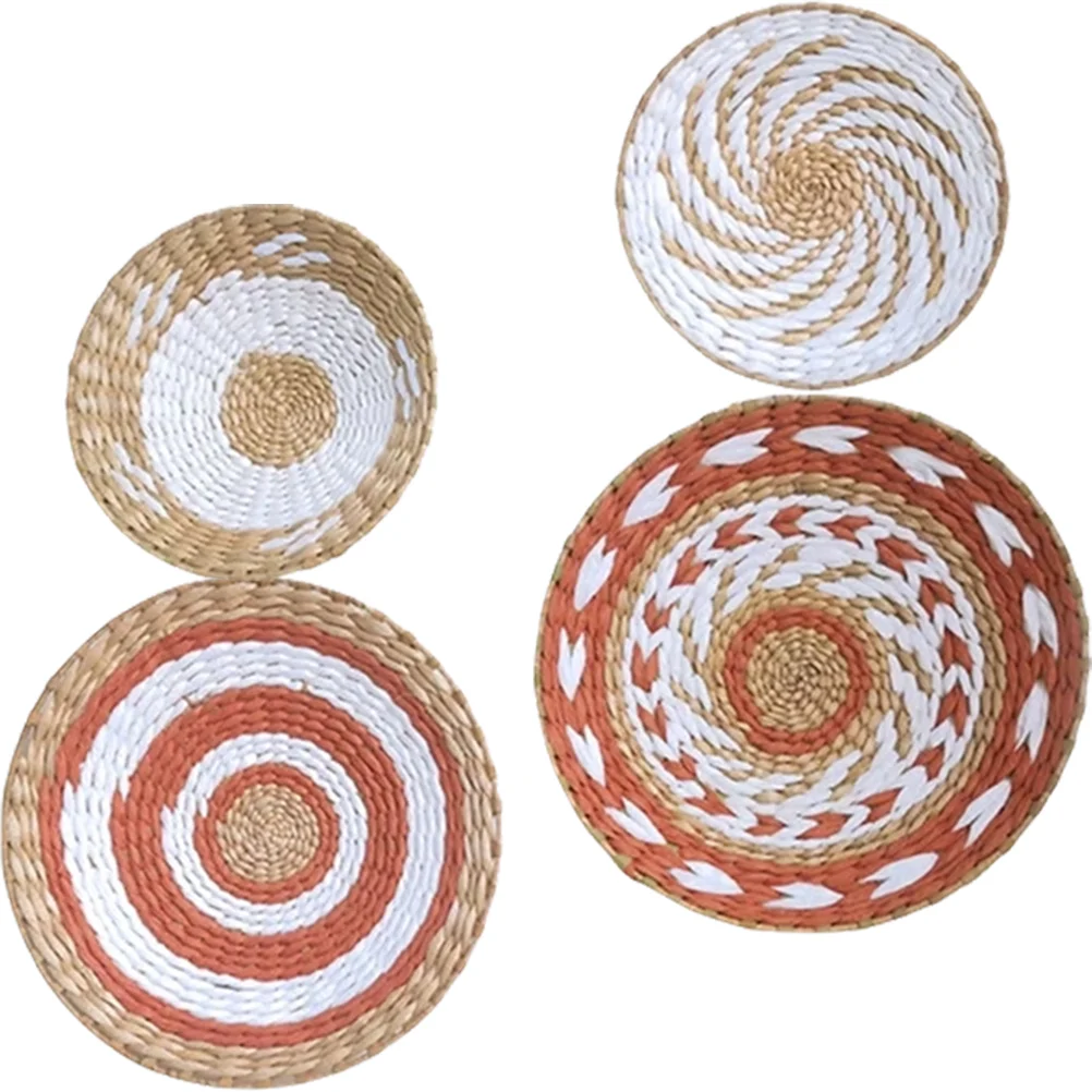 4 Pcs Wall Decoration Plates Bright Colorful Patterns Woven Basket Decorations Straw Hanging Nordic Style Home naments