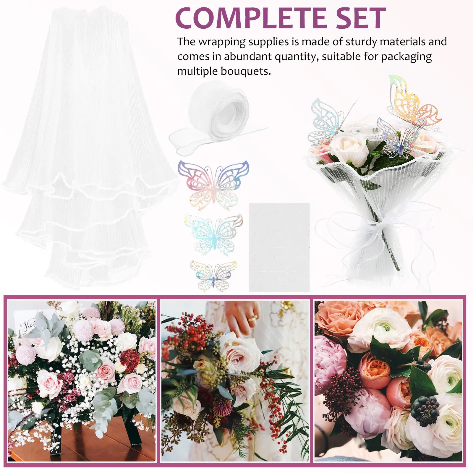 1세트 꽃 포장지 세트 진주 메쉬 리본 나비 장식 꽃다발 포장 진주 메쉬