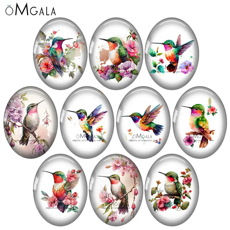 수채화 꽃과 함께 있는 벌새 믹스 13x18mm/18x25mm/30x40mm 타원형 사진 ..