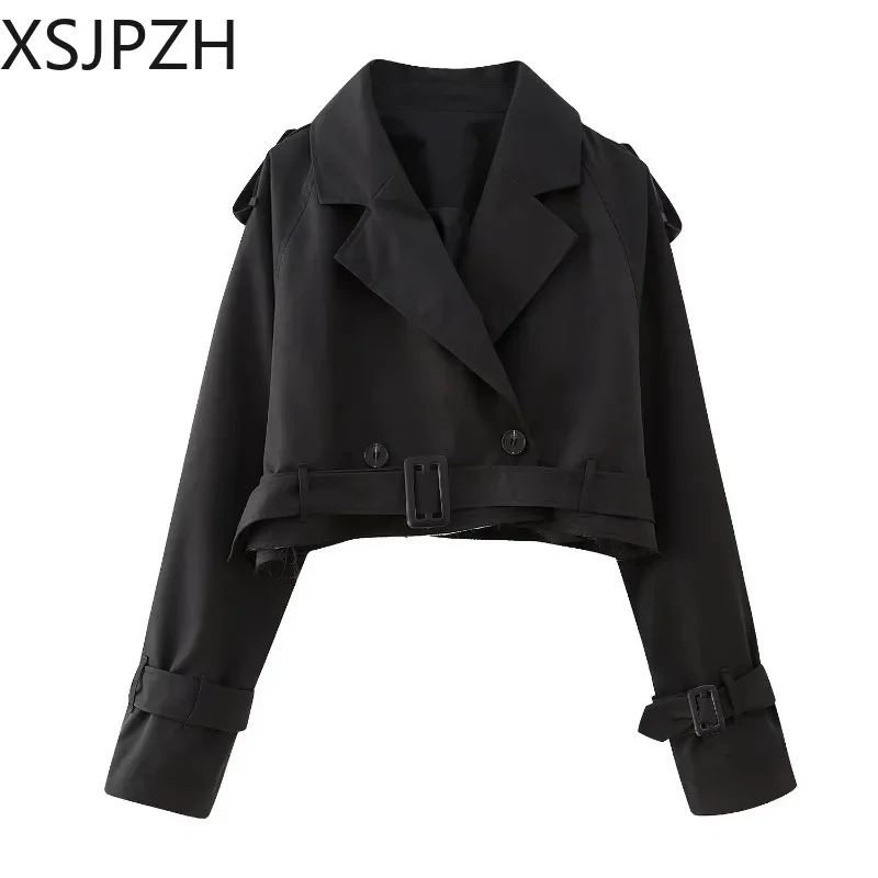 

Xsjpzh Trench Jacket Vintage Notched Neck Long Sleeve Female Chic Lady Coat Outfits Women Fashion with Belt Cropped