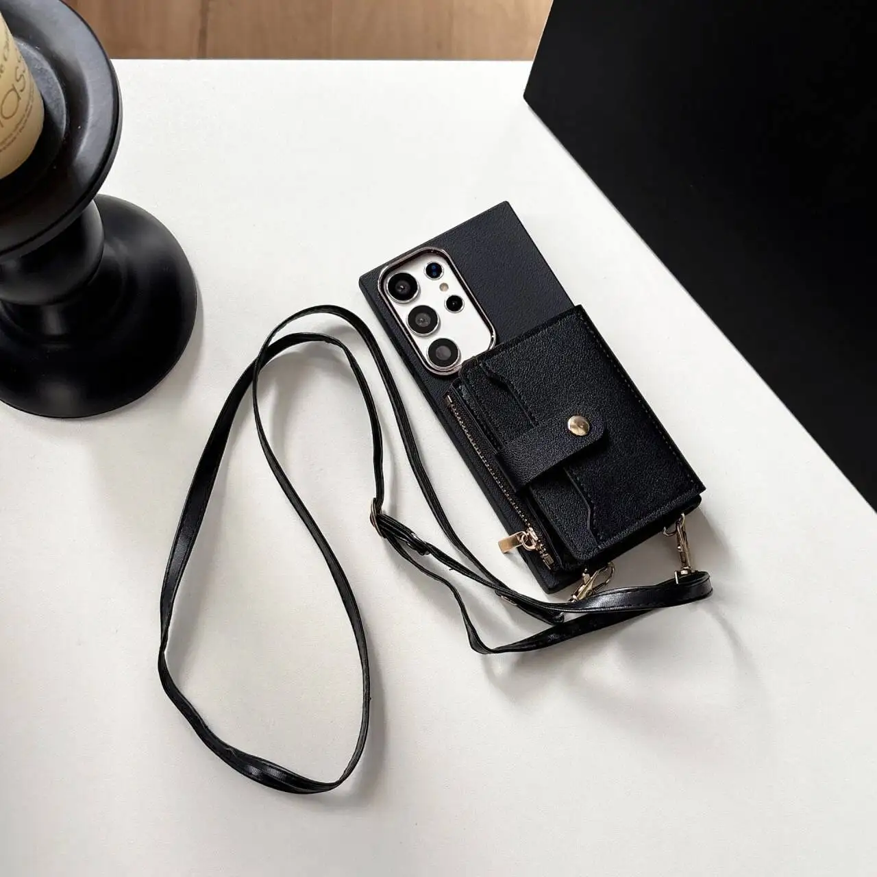 Leather Crossbody Wallet Lanyard with Card Slots and Zipper Bag Cover