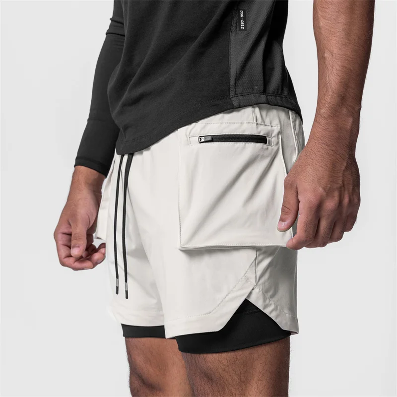 New fashion fitness design anti-slip double-layer 2 in 1 men's shorts multi-pocket zipper running exercise pants