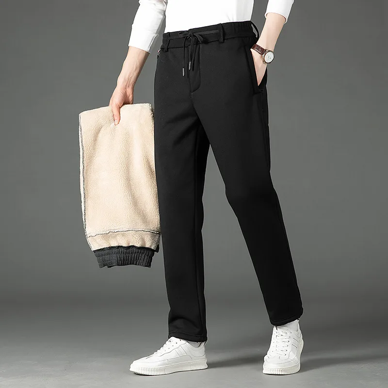

Winter Zip Pockets Thicken Fleece Sweatpants Men Fitness Jogging Pants Male Solid Drawstring Fleece Straight Trousers Large Size