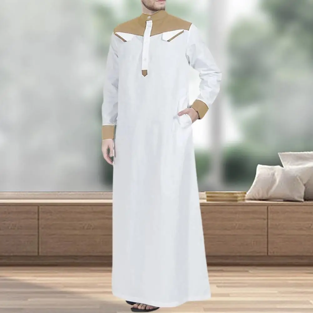 

Traditional Muslim Clothing Contrast Color Muslim Dress Middle East Jubba Thobe Men Robe w/ Long Sleeves Mandarin Neck