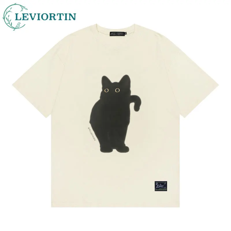 

2023 Streetwear Black Cat Graphic T Shirt Harajuku Vintage Men T-Shirt Hip Hop Tops Tee Cotton Casual Tshirt Hipster Beige White