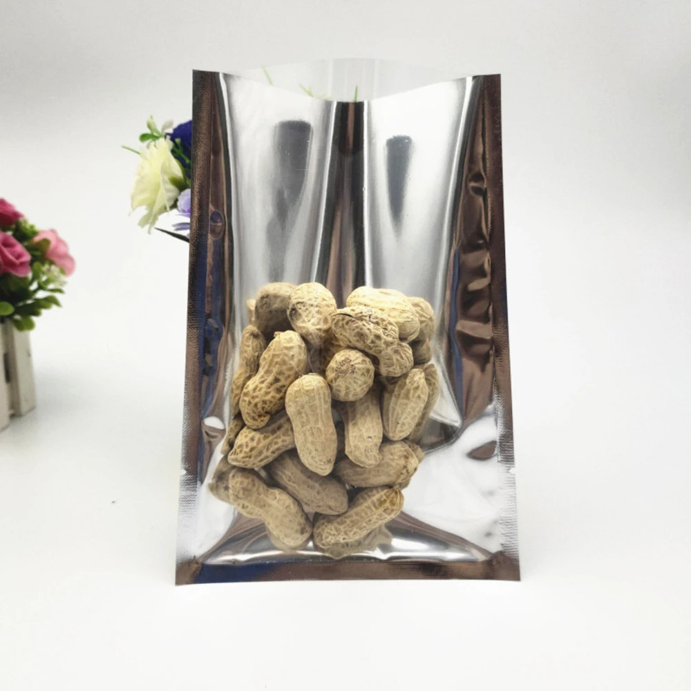 100pcs Open Top Silvery Aluminium Foil Bags Front Transparent Food
