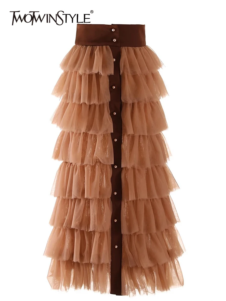 

TWOTWINSTYLE Patchwork Single Breasted Skirts For Women High Waist Spliced Mesh Casual Loose Skirt Female Fashion Clothing 2023
