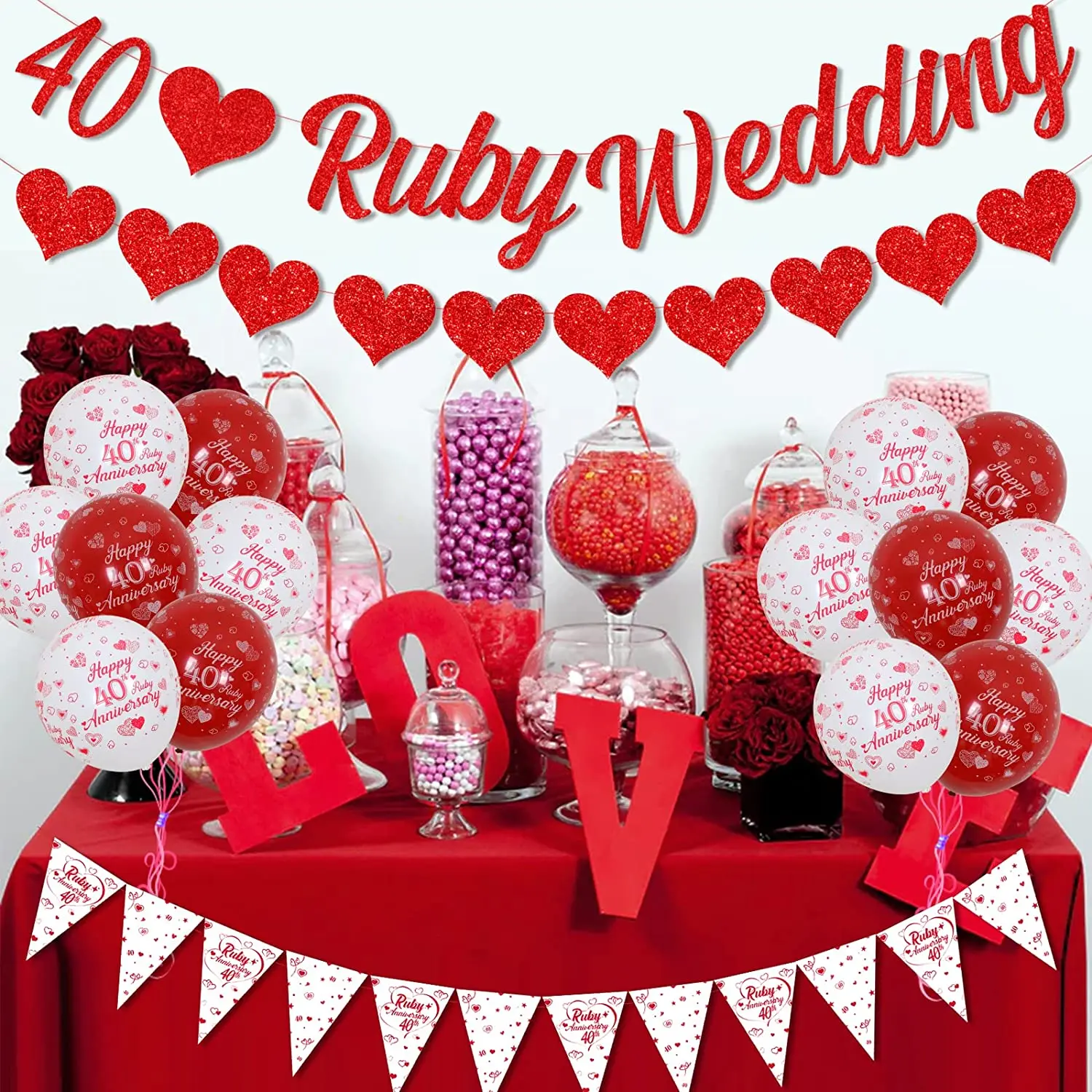 Cheereveal Decorazioni per 40° anniversario di matrimonio, striscione per anniversario di matrimonio rubino, 40 palloncini in lamina rossa, numero 40