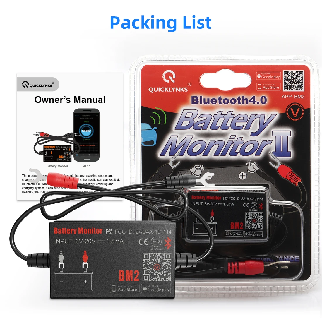 QUICKLYNKS BM2 Bluetooth 4.0 12V Car Motorcycle Battery Monitor Analyzer Battery Charging Cranking Test Tool For Android IOS car battery checker