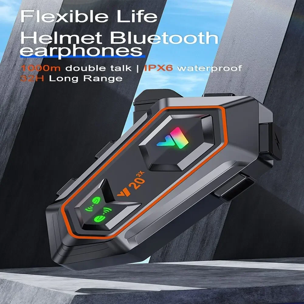 Y202X Motorcycle Helmet Bluetooth Intercom Headset Waterproof and Noise Reduction Supports 2 Riders 1000M Intercom Communication