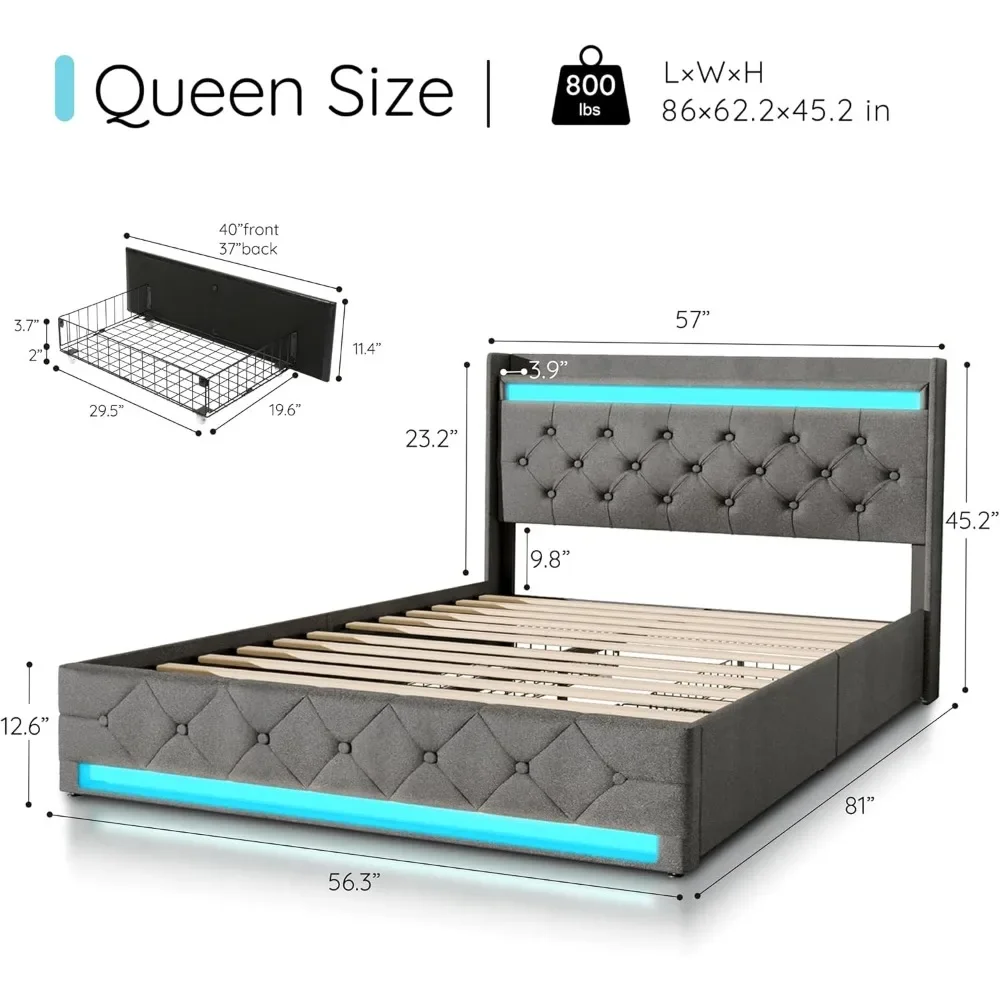 Bed Frame with Headboard, Platform Bed Frame with LED Lights&4 Storage Drawers, Button Tufted Fabric Upholstered Headboard 2