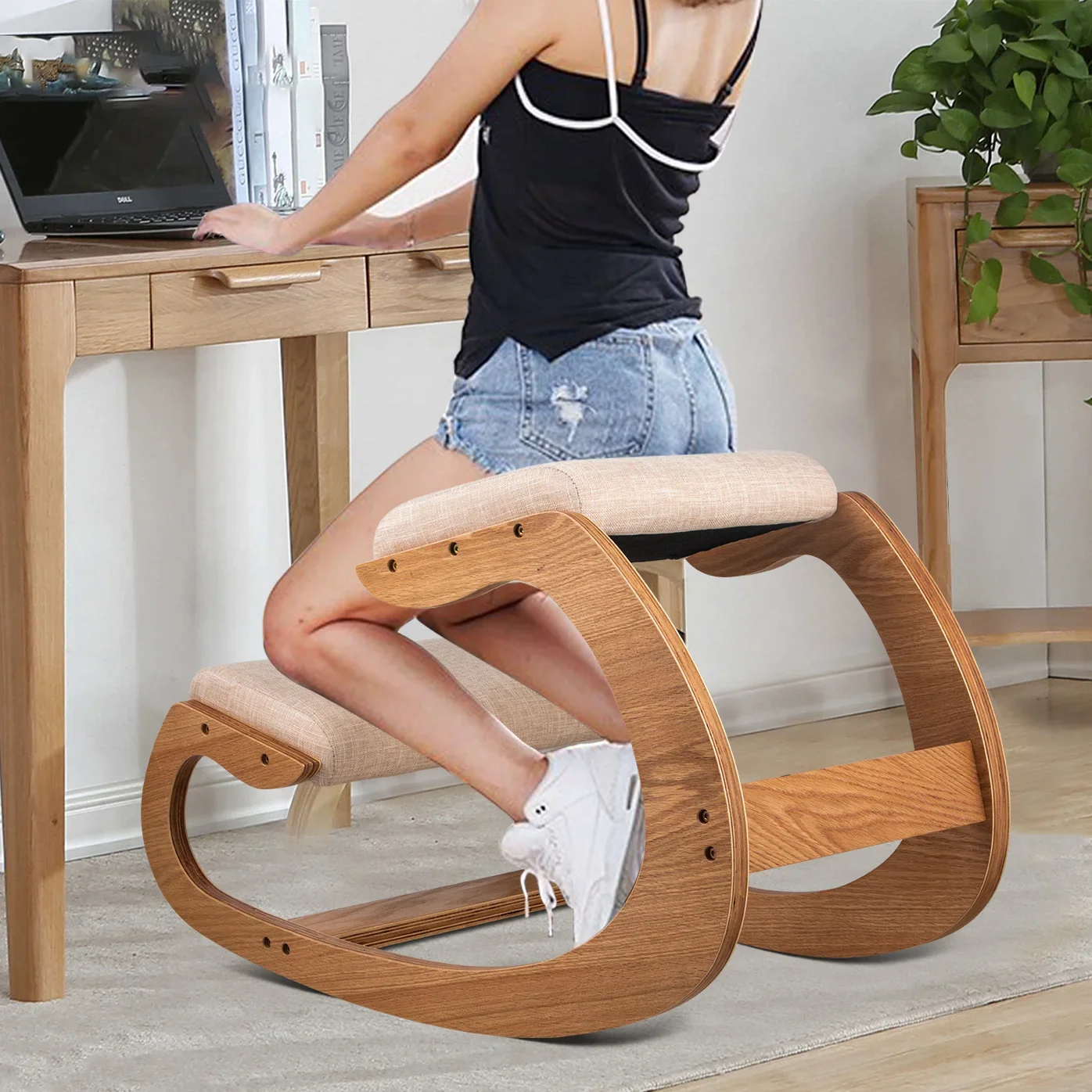 

Home Ergonomic Improving Body Kneeling Chair Stool W/ Thick Cushion Office Chair Posture Rocking Wood Knee Computer Chair