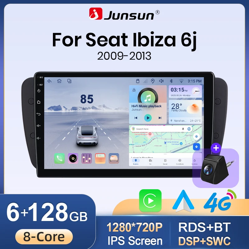 Junsun Bezprzewodowe Radio Samochodowe CarPlay Android Auto do Seat Ibiza 6j 6p MK4 2008-2017 WiFi Multimedia Nawigacja GPS 2din Radioodtwarzacz Stereo