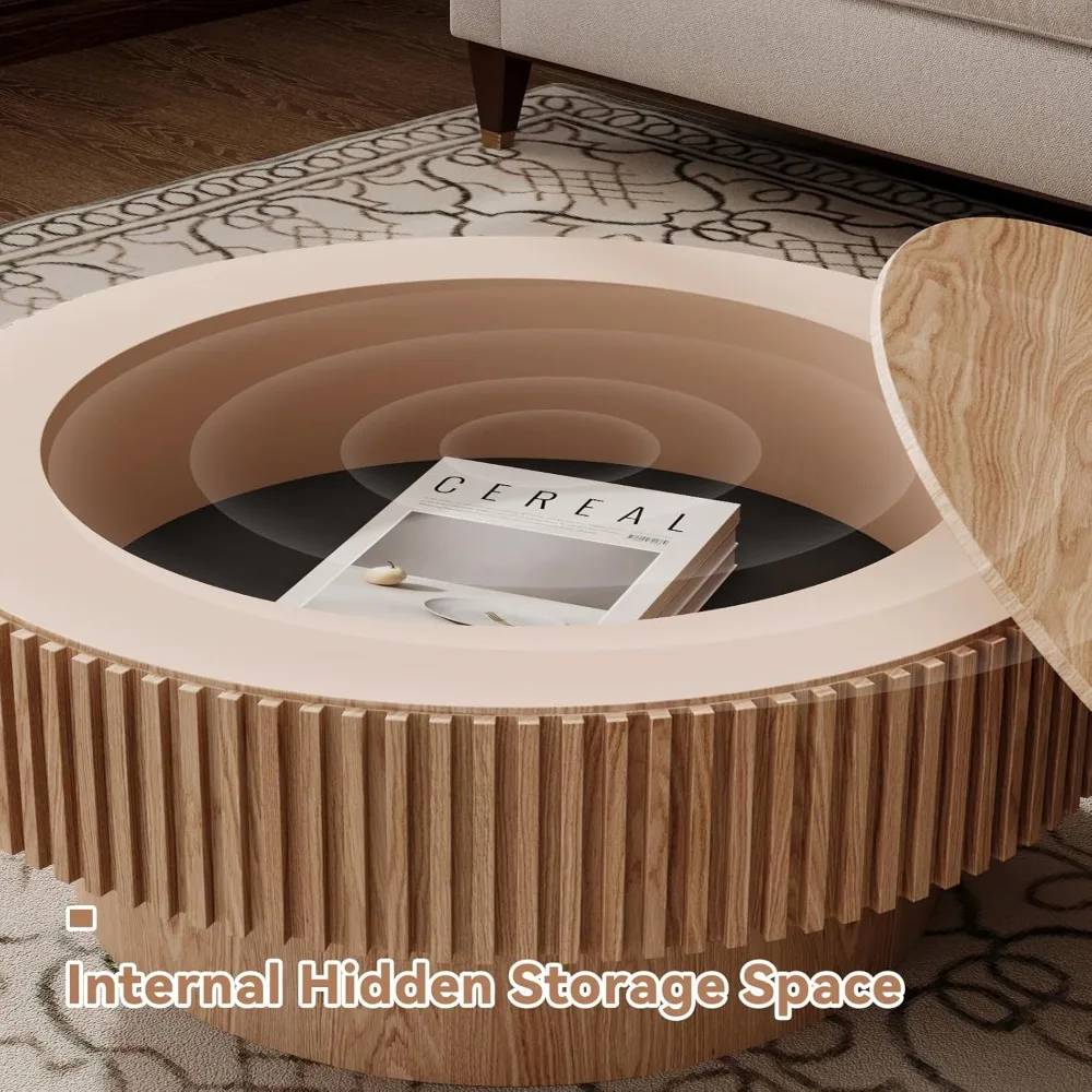 31.5'' Natural Coffee Table Modern Handcraft Drum Round Circle Wooden Solid Wood Veneer Tea Table for for Living Room Apartment 5