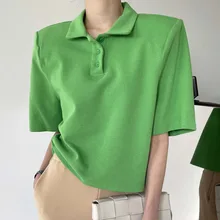 

Chic Summer Casual Streetwear Lapel Short Sleeve Tees Women Fashion Green Black All-Match Loose T-Shirts Female 2022 New Ins
